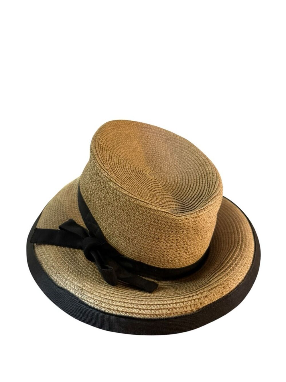 Eric Javits Squishee Packable Fedora Straw Hat Beige Black Bow Vacation